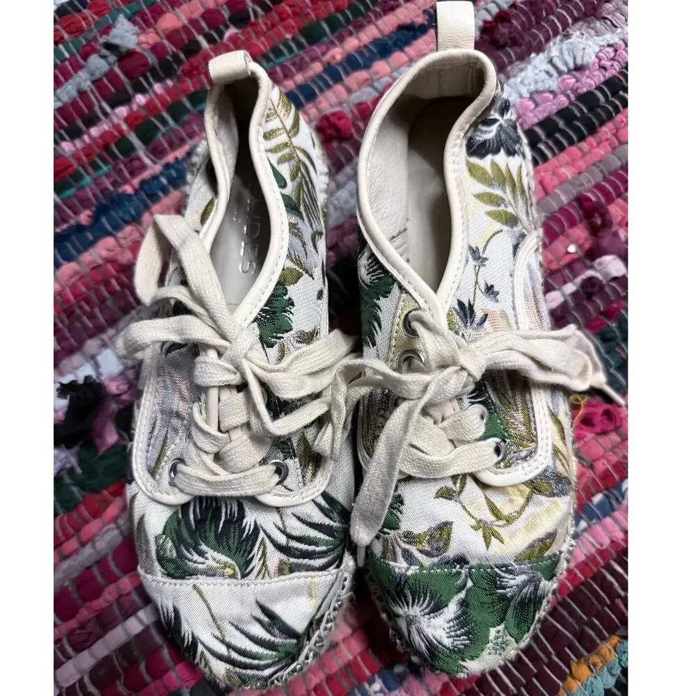 J SLIDES anthropologie cloth leather leaf embroidered espadrilled sneaker shoes